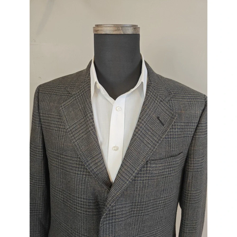 Jos A Bank Mens Vintage Wool Plaid Sport Coat 43R Olive Blue USA Made Blazer